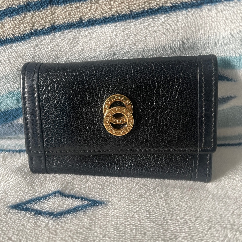Bvlgari Black Doppiotondo Leather Keyholder with Gold Emblem